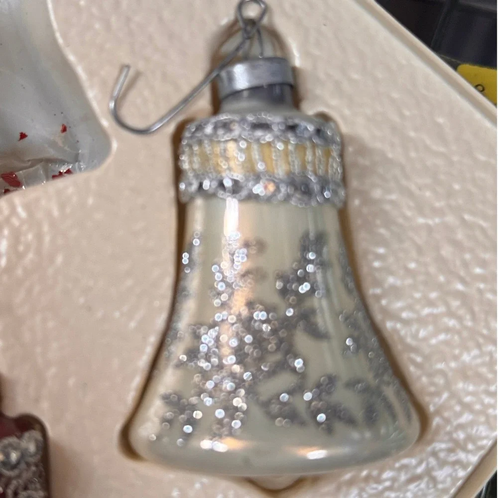 Rauch Vintage Glass Bell Ornaments Red Cream Silver Glitter and band Set of 4